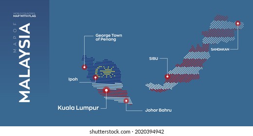 Malaysia map with flag info graphic. Abstract vector map of Malaysia with capital and major cities. Dots composition map on dark background.
