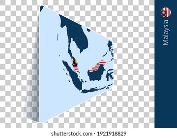 Mapa y bandera de Malasia con fondo transparente. Destacó Malasia en el mapa del vector azul.