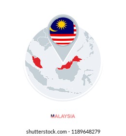 Malaysia map and flag, vector map icon with highlighted Malaysia