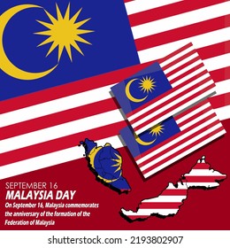 Malaysia map and flags with bold text and sentences on dark red background to commemorate Malaysia Day on September 16