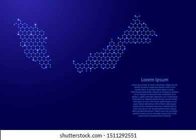 Malaysia map from futuristic hexagonal shapes, lines, points  blue and glowing stars in nodes, form of honeycomb or molecular structure for banner, poster, greeting card. Vector illustration.