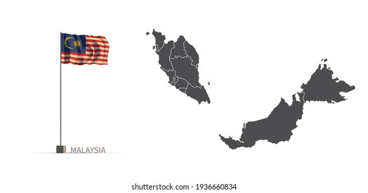 Malaysia map. gray country vector map, and flag 3d illustration.