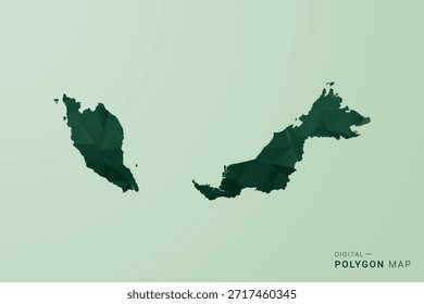 Mapa da Malásia - Ilustração de vetor estilo polígono verde, projeto geométrico de baixa poly com silhueta limpa no fundo verde macio.