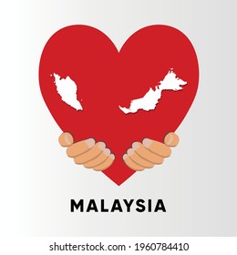 Malaysia Map in heart shape hold by hands vector illustration design