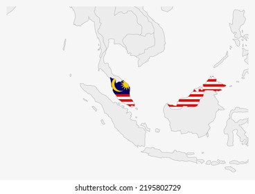 Malaysia map highlighted in Malaysia flag colors, gray map with neighboring countries.