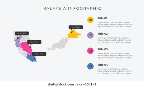 Malaysia Karte Infografik Vorlage mit 4 Optionen. Infografik der malaysischen Verwaltungskarte für die Präsentation.