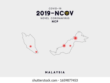 Malaysia Map Infografiken, Lokalisierung des Ausbruchs des Virus Covid 19. Novel Coronavirus (2019-nCoV).  China pathogen respiratory coronavirus 2019-nCoV. nCoV wird als einsträngiges RNA-Virus bezeichnet.