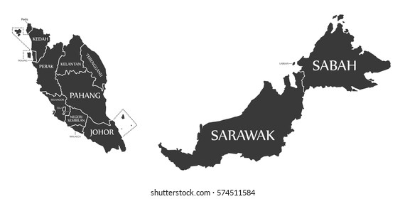 Malaysia Map labelled black illustration