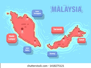 Malaysia map and landmarks . Malaysia map vector illustration