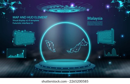 malaysia map light connecting effect background. abstract digital technology UI, GUI, futuristic HUD Virtual Interface with malaysia map. Stage futuristic podium in fog.