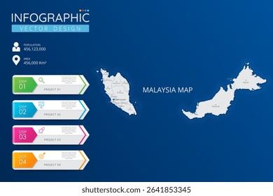 Malaysia map with location pointer marks. High detailed country map with division, cities and capital infographic template. Vector illustration EPS10