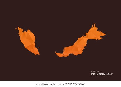 Malaysia Map - low poly polygon vector, geometric triangulated silhouette in orange and dark brown tones, clean modern infographic style, isolated background.