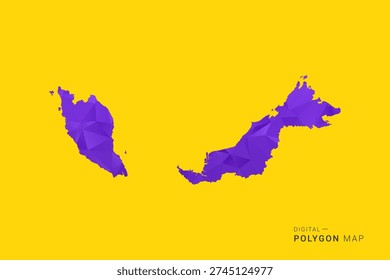 Malaysia Map - Low poly polygon map in vibrant purple gradient on bold yellow background, modern minimal geometric style, clean digital vector illustration.