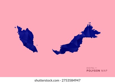 Malaysia Map - Low poly polygon map in deep blue gradient on soft pink pastel background, modern minimal geometric design, clean digital vector illustration.