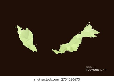 Malaysia Map - Low poly polygon map in soft light green gradient on dark brown background, modern minimal geometric style, clean abstract vector illustration design.
