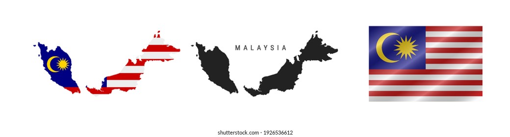 Malaysia. Map with masked flag. Detailed silhouette. Waving flag. Vector illustration isolated on white.