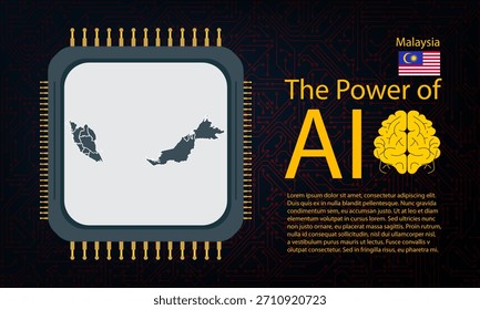 Malaysia map with microchip war and AI concept on circuit board, Power of AI with country map. Global connectivity with big data. Design for UI backgrounds or FinTech projects.