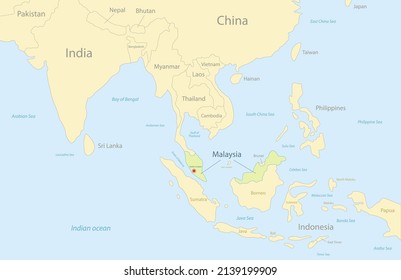 Malaysia map with neighboring states and names, classic maps design vector
