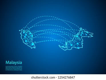malaysia map with nodes linked by lines. concept of global communication and business. Dark malaysia map created from white dots with travel locations or internet connection.
