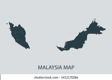 Malaysia map on gray background vector, Malaysia Map Outline Shape Gray on White Vector Illustration, Map with name. High detailed Gray illustration map Malaysia. Symbol for your web site design logo.
