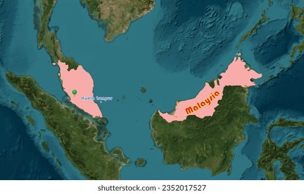 Malaysia map on the world background. The country is a South East Asian member, known for its technological development. Its capital is Kuala Lumpur city. It shares land border with Singapore. 