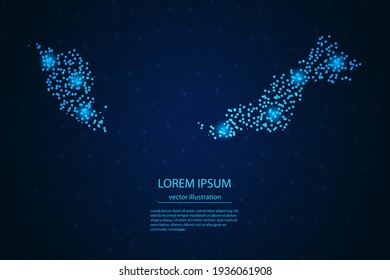 Malaysia map from point blue and glowing stars on a dark background. Vector eps 10.