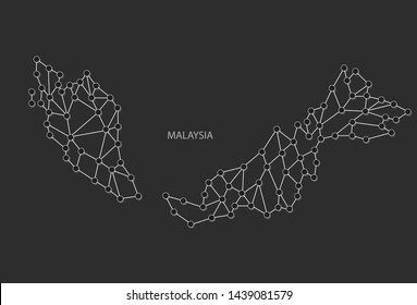 Malaysia Map Point scales on dark background. Wire frame polygonal network line, dot and white line.