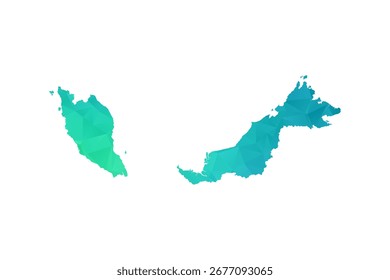 Mapa da Malásia - Ilustração vetorial estilo polígono em verde e azul gradiente, baixo projeto geométrico poly, isolado no fundo branco, perfeito para infográficos e uso de aprendizagem.