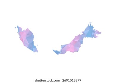 Mapa da Malásia - Ilustração vetorial estilo polígono em azul pastel e gradiente rosa, baixo projeto geométrico poly, isolado no fundo branco para infográficos e educação.