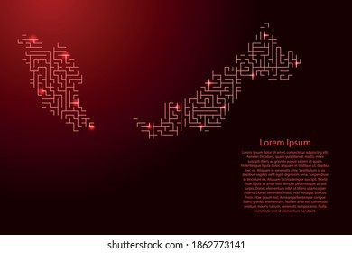 Malaysia map from red pattern of the maze grid and glowing space stars grid. Vector illustration.