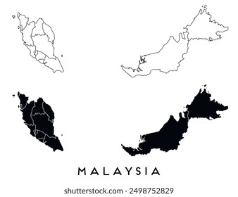 Malaysia Karte der Regionen Bezirke Vektor schwarz auf weiß und Umriss