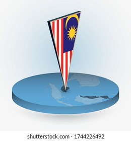 Malaysias Karte im runden isometrischen Stil mit dreieckiger 3D-Flagge von Malaysia, Vektorkarte in blau Farbe. 