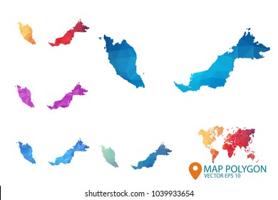 Malaysia Map - Set of geometric rumpled triangular low poly style gradient graphic background , Map world polygonal design for your . Vector illustration eps 10.