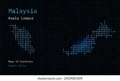 Malaysia Map Shown in Binary Code Pattern. Matrix numbers, zero, one. World Countries Vector Maps. Digital Series	