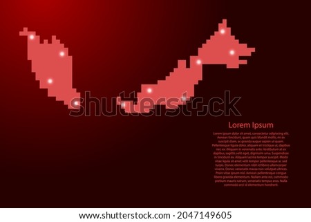 Malaysia map silhouette from red square pixels and glowing stars. Vector illustration.