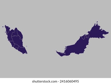 Mapa malayo vector, color azul púrpura aislado en fondo gris.