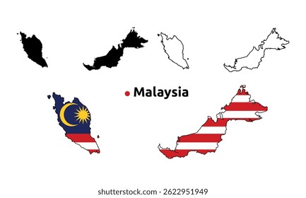 Malaysia Map Vector - Country Outline, Flag Inside Map, Blank and Silhouette Version