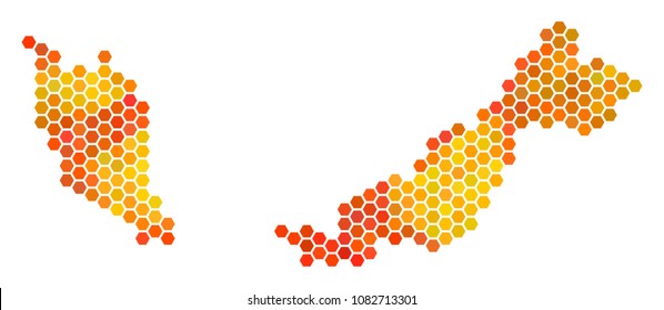 Malaysia map. Vector honeycomb territory scheme drawn with bright orange color tinges. Impressive Malaysia map composition is designed of fired hex tile elements.
