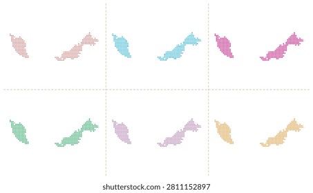 Malaysia map vector illustration collection showcasing six distinct country outlines crafted from diverse geometric patterns and vibrant color palettes isolated on white background for creative design.