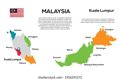 Malaysia map. Vector image of a global map in the form of regions of Malaysia a regions. Country flag. Infographic timeline. Easy to edit