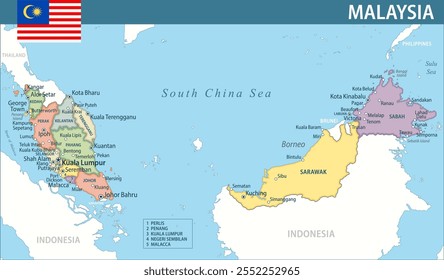 Malásia Mapa Vetor Novo 2024 Colorido - Personalizável em camadas mapa político da Malásia com divisões administrativas para site, educação, relatórios, notícias, política, impressão, cartaz e papel de parede