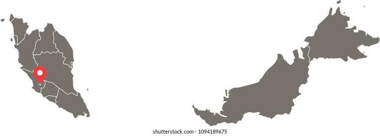 Malaysia map vector outline illustration with provinces or states borders and capital location, Kuala Lumpur, in gray background. Highly detailed accurate map of Malaysia in a creative graphic design