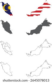 Malaysia Map Vector Set - Political, Outline, Flag and Solid Styles