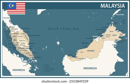 Malaysia Map Vector Vintage Dark Blue Beige - Customizable layered political map of Malaysia with administrative divisions for website, education, reports, news, politics, print, poster and wallpaper