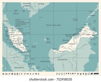 Malaysia Map - Vintage Detailed Vector Illustration