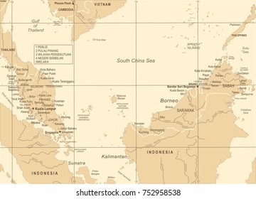 Malaysia Map - Vintage Detailed Vector Illustration