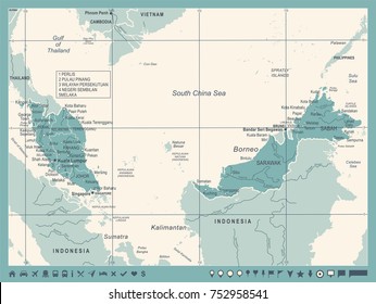 Malaysia Map - Vintage Detailed Vector Illustration