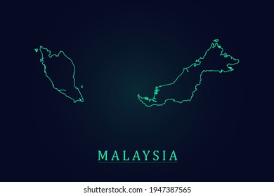 Mapa de Malasia - Mapa Mundial Plantilla vectorial internacional con un contorno verde delgado o un bosquejo gráfico estilo y color verde aislado en el fondo oscuro - Ilustraciones vectoriales 10