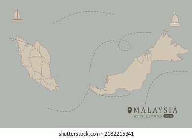 Malaysia Map - World Map International vector template High detailed with brown color isolated on grey background including simple point of location, wind, boat icon - Vector illustration eps 10