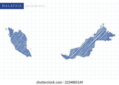 Malaysia Map - World Map International vector template with blue outline graphic and pen drawing sketch style isolated on white grid background for design, website - Vector illustration eps 10